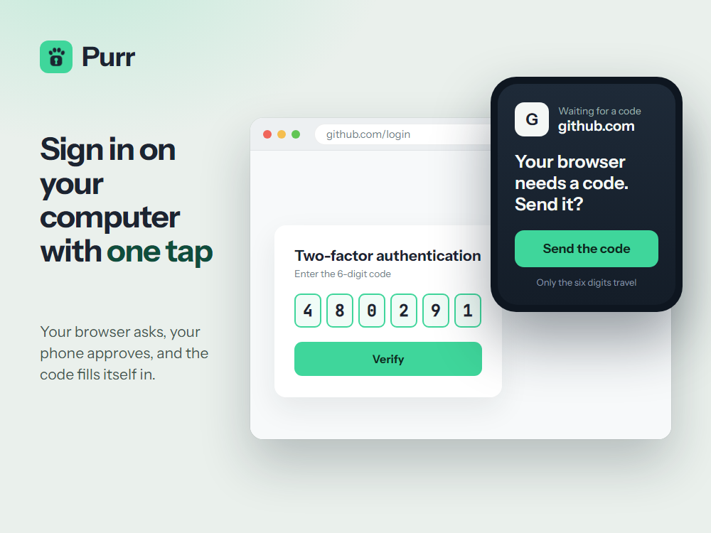 Purr fills in a six-digit code: the browser shows the code boxes while the phone asks you to approve.